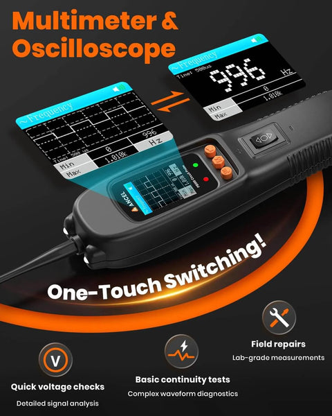 All In One Automotive Power Circuit Probe Tester Kit For Cars 12/24V With Pro Grade Injector Driver, Oscilloscope, Digital Multimeter and Ohmmeter, close-up of multimeter and oscilloscope display with one-touch switching feature.
