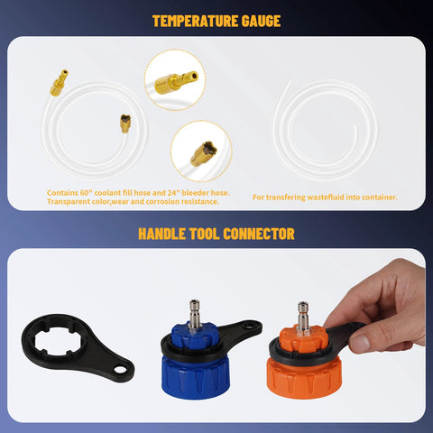 Universal 34PC radiator pressure tester kit by Amazon with white hoses and brass fittings; blue and orange connectors.