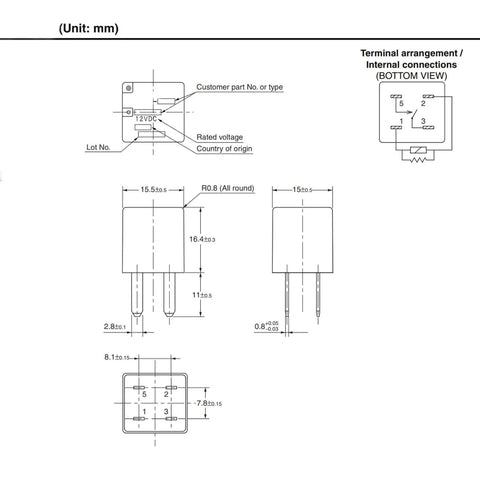 Technical diagram of 4 Pack Ultra Micro ISO Automotive Relay 12V DC 20A 4 Pins General Purpose For Your Ride Car Projects Replacement Part