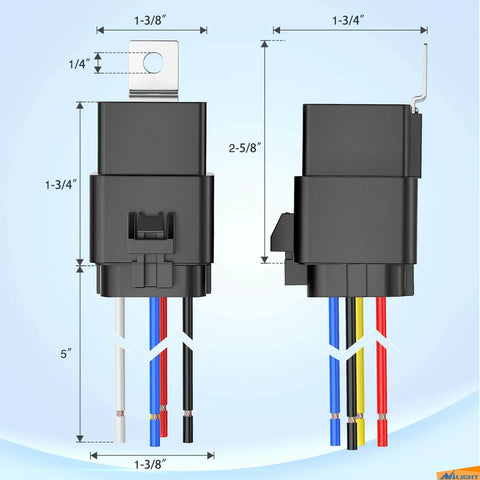 Front and side view of Five Pack Waterproof Automotive Relay And Harness Set Beefed-Up Heavy Duty 40/30 Amp SPDT 5 Pin Relays 12 AWG Tinned Copper Wires Prewired Harness 12V DC All Weather Car And Truck Electrical Relay Kit