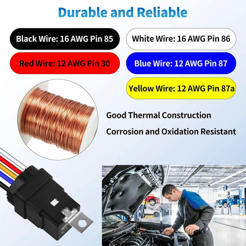 5 Pin Waterproof Relay Kit 40 30 Amp 12V SPDT Relay With Harness showing colored wires and automotive use