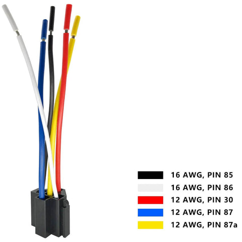 Close-up of 80 And 60 Amp 12V Five Pin SPDT Automotive Relay Kit With Heavy Duty Pigtails, colored wires visible.
