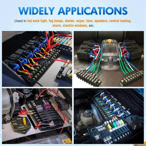 Image featuring various applications of Five Pack Waterproof Automotive Relay And Harness Set Beefed-Up Heavy Duty 40/30 Amp