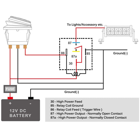 Wiring diagram for Five Pack Waterproof Automotive Relay And Harness Set Beefed-Up Heavy Duty 40/30 Amp SPDT 5 Pin Relays 12V DC.