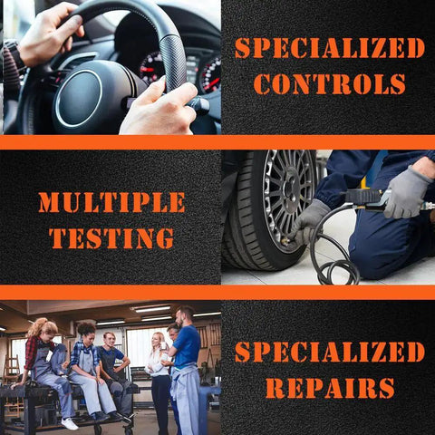 Collage showing car steering, wheel testing, and repair shop with captions "Specialized Controls," "Multiple Testing," "Specialized Repairs."