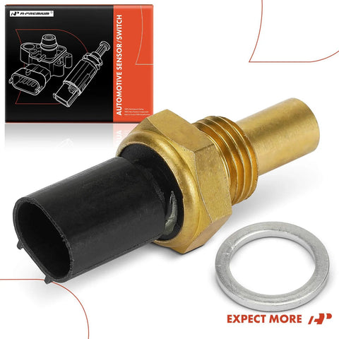 A-Premium 2-pin engine coolant temperature sensor with brass body, black connector, hex nut.