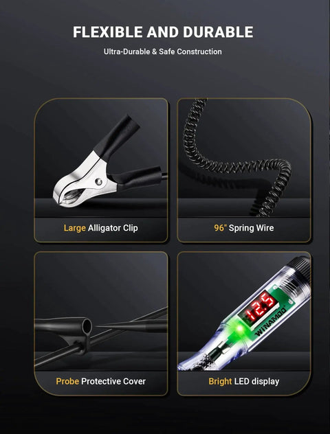 Compact automotive test light with a 3 to 48V LED digital display with alligator clip, probe cover, spring wire, and LED readout.