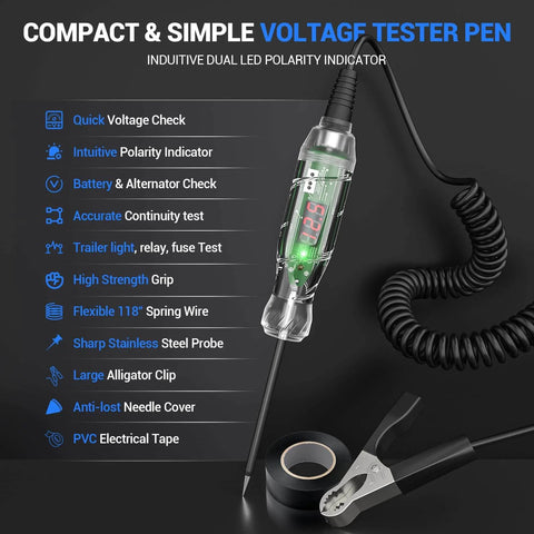 Automotive Test Light With Wide Range 3 To 70V LED Digital Voltage Display, Pro Grade Circuit Tester with visible features and components