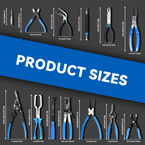 13-Piece Automotive Electrical Disconnect Pliers And Fuel Line Tool Set With Storage Bags featuring various tool sizes.
