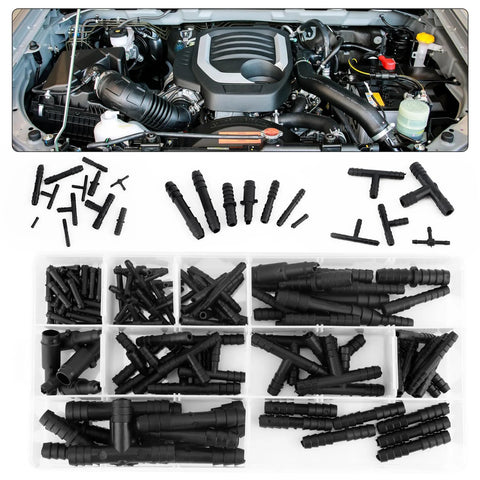 Automotive vacuum connector set, 113pcs, black plastic, Amazon; includes Tee, straight, reducer fittings in organizer.