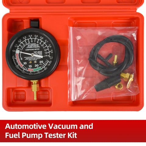 Automotive vacuum and fuel pump tester kit by Amazon; black dial gauge, brass fittings, hose set in red case