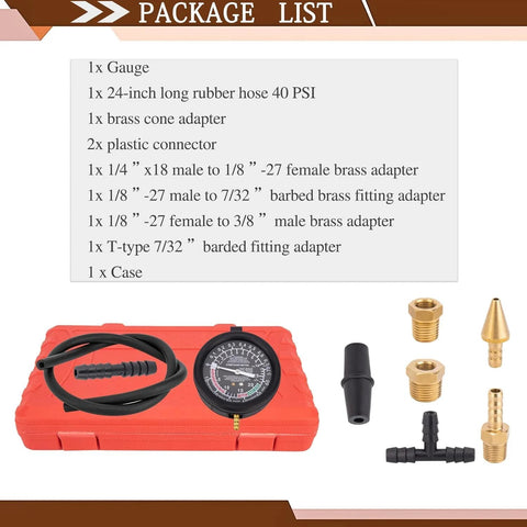 VECKYJL vacuum gauge automotive tester kit in red case with gauge, hose, and brass adapters.
