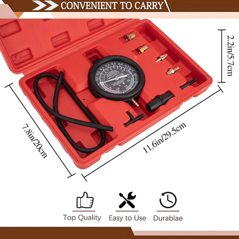 VECKYJL vacuum gauge automotive tester kit in a red case with gauge, hose, and brass adapters, front view