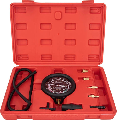 VECKYJL vacuum gauge automotive tester kit in red case with hose and brass fittings