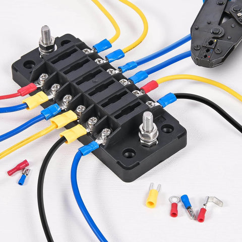 Mixed Quick Disconnect Connectors And Terminal Crimp Kit For Automotive Wiring Projects installed on a terminal block