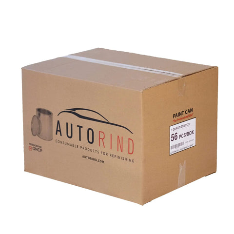 Cardboard box containing Quart Size Metal Paint Cans Two Pack With Lids Autorind Tinplate Unlined Silver Finish 100 Percent Recyclable Multi Use