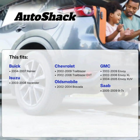 Rear view of car trunk and AutoShack text with fitment list for Buick, Isuzu, Chevrolet, Oldsmobile, GMC, and Saab models.
