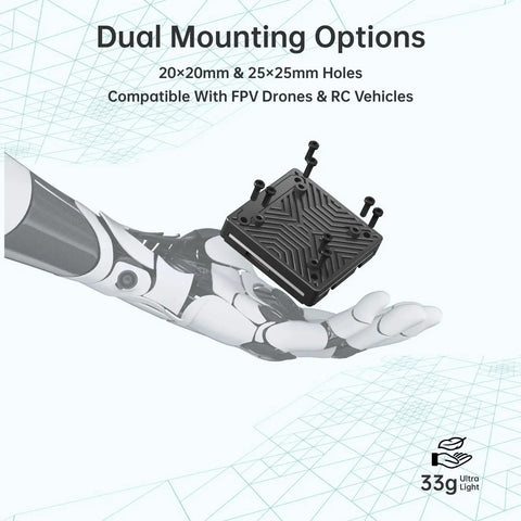 Avatar Pro Kit Air Unit Pro for FPV Drones with night vision shown on robotic hand with dual mounting options.