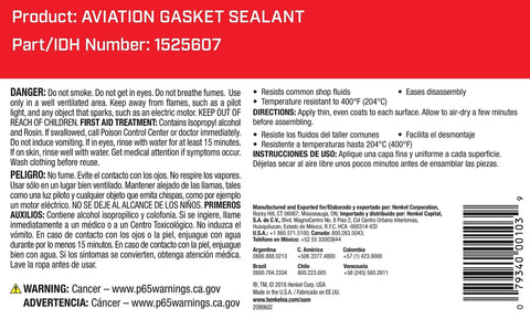 Label of aviation gasket sealant with warnings and instructions, featuring part IDH number 1525607, red and white packaging design.
