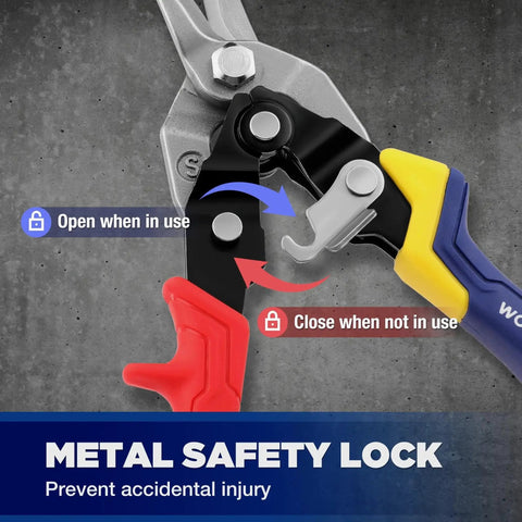 Close-up of 8 Inch Aviation Snips Straight Cut Heavy Duty Metal Cutter With Safety Lock, highlighting open and closed position.