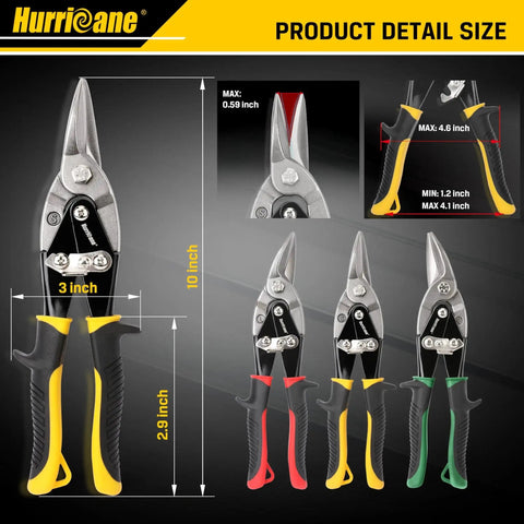 3 Piece Aviation Tin Snips Set, 10 Inch Sheet Metal Cutters With CRV Blades, ergonomic TyGrip handles, size display, safety latch