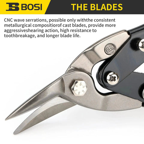 Close-up of 10 Inch Aviation Tin Snips Right Cut with sharp serrated blades, chrome vanadium steel, used for cutting metal sheets.