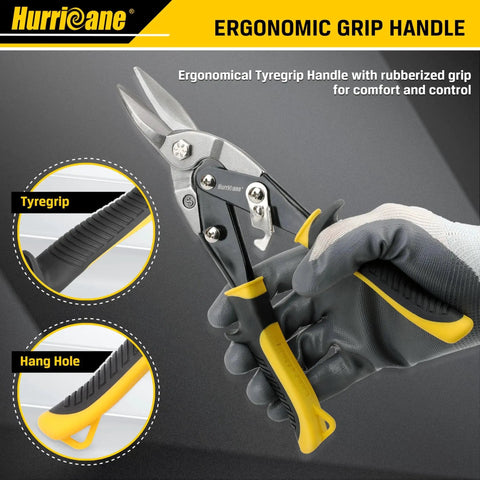 10 Inch Aviation Tin Snips With Chrome Vanadium Steel Blades showing ergonomic grip handle in use