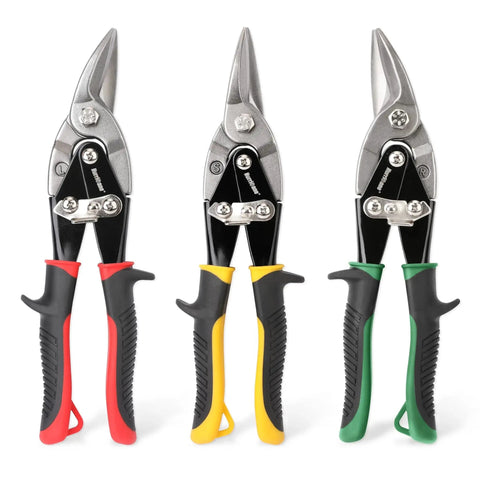 3 Piece Aviation Tin Snips Set, 10 Inch Sheet Metal Cutters with ergonomic TyGrip handles, showing straight, left, and right cutting tools.