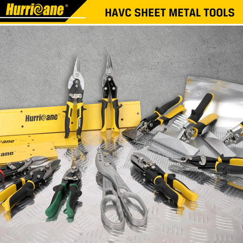 Assorted metal cutting tools with 10 Inch Aviation Tin Snips with Chrome Vanadium Steel Blades for precise sheet metal cuts displayed.