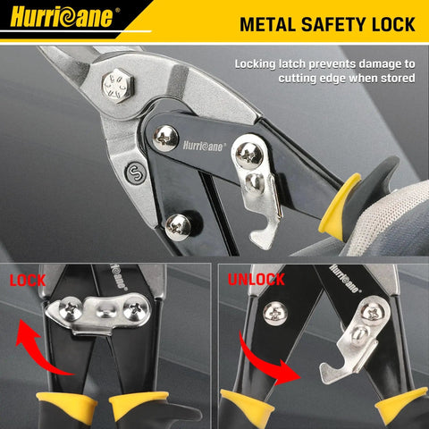 Close-up of 3 Piece Aviation Tin Snips Set with metal safety lock, ergonomic TyGrip handles, and CRV blades for precise metalworking.