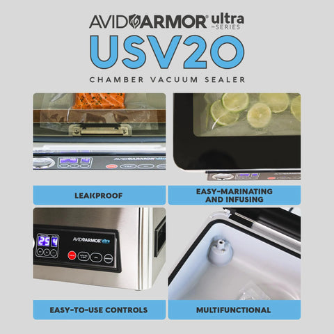 Avid Armor USV20 Ultra Series chamber vacuum sealer collage; stainless steel kitchen unit with front control panel.