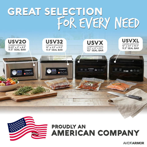 Four Avid Armor chamber vacuum sealers (USV20, USV32, USVX, USVXL) on a kitchen counter with 11.5-inch seal bars.