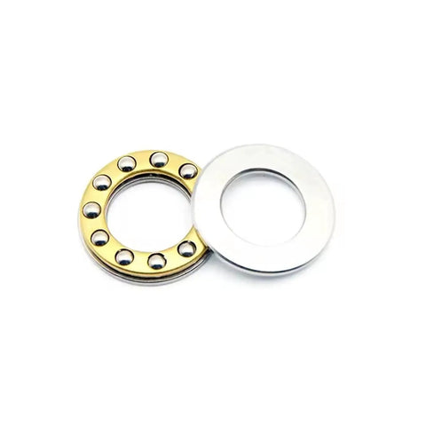 12x21x5mm Axial Ball Thrust Bearing With Brass Cage 10 Pack For Oven Turntables Pumps Rotary Equipment And Machine Tools, two separated components, one brass-caged with balls and one metal washer.