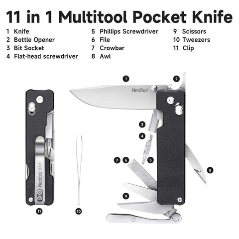 Axis Lock Folding Pocket Knife With 11 In 1 Multitool featuring 2.76 Inch 14C28N Steel Blade and G10 Handle for Camping and Survival