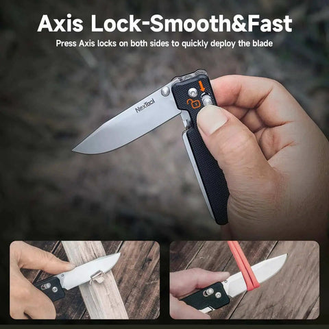 Axis Lock Folding Pocket Knife With 11 In 1 Multitool 2.76 Inch 14C28N Steel Blade G10 Handle EDC Knife in hand showcasing lock