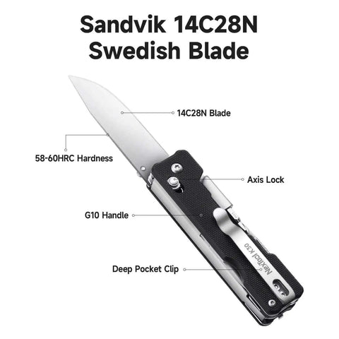 Axis Lock Folding Pocket Knife With 11 In 1 Multitool 2.76 Inch 14C28N Steel Blade G10 Handle, showing labeled features like G10 handle and deep pocket clip.