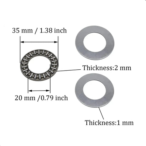 Heavy Duty Workhorse Thrust Needle Roller Bearing Set With Washers AXK2035, 20mm Bore, 35mm Outer Diameter, 2mm Width, steel cage.