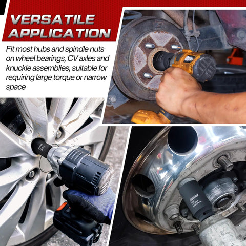 Image showing a 30Mm 12 Point Axle Nut Socket For One Half Inch Drive CrMo Steel Deep Well Hub Release Tool in use with an impact wrench.