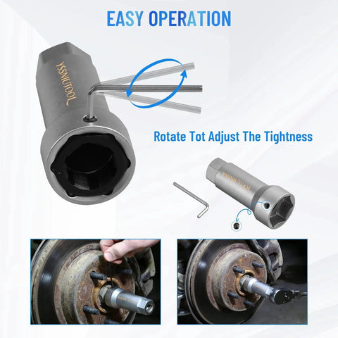 Ten Piece Axle Spindle Threading Set With Eight Dies And Rethread Kit shown in use on vehicle axle, illustrating easy operation.