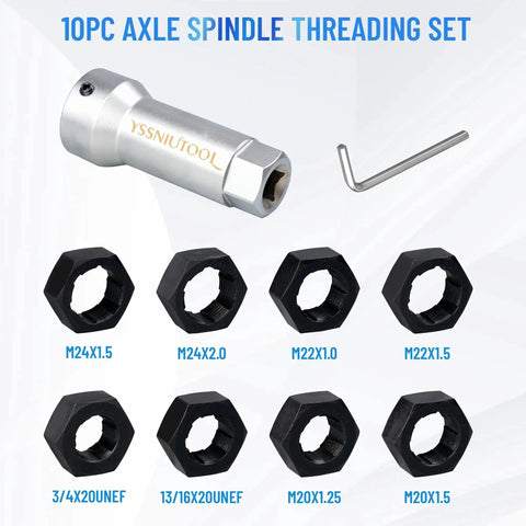 Ten Piece Axle Spindle Threading Set With Eight Dies And Rethread Kit, Includes One And One Sixteenth Inch Extension Bar