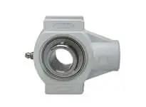 Front view of 25mm Set Screw Take-Up Unit with 440C Stainless Insert, White PBT Thermoplastic TPL205 for MUC205 Sealed Ball Bearing