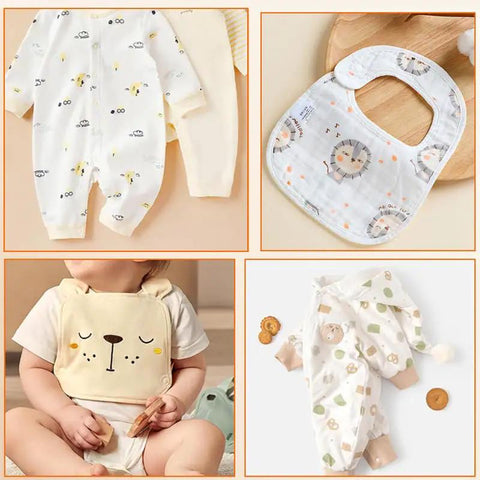 Assorted baby clothing items including a bib with lion design, long-sleeve pajamas, hooded romper with animal print, and a shirt with a bear face.