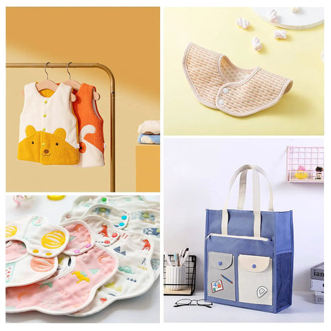 Image collage of clothing items and accessories including bibs, vests, and a tote bag for sewing and crafting projects.