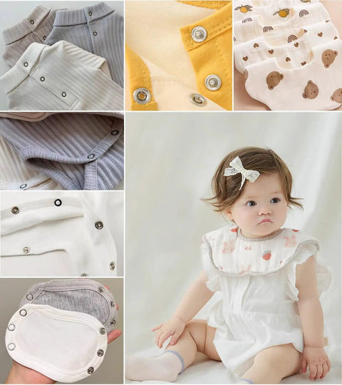 Collage showing baby clothing with snap fasteners, including shirts and bibs, demonstrating All In One Snap Fasteners Kit With Pliers 200 Sets 9.5mm No Sewing Needed DIY Press Studs For Fabric And Clothing Chrome Finish Rust Proof Easy To Use KAXIMON in use