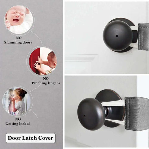 Baby Door Latch Cover Silencer For Nurseries, Thick Cushion And Soft Three Layer Fabric With Elastic Straps, installed on door