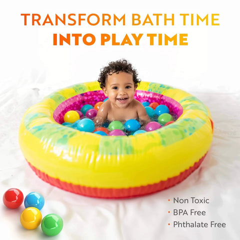 Baby in inflatable pool with Soft Plastic Mini Ball Pit Balls 50 Count - w/ 8 Vibrant Colors - Crush Proof, No Sharp Edges, Non Toxic