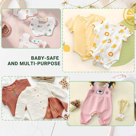 Assorted baby clothing including onesies and rompers in various colors and patterns, with coordinated accessories.
