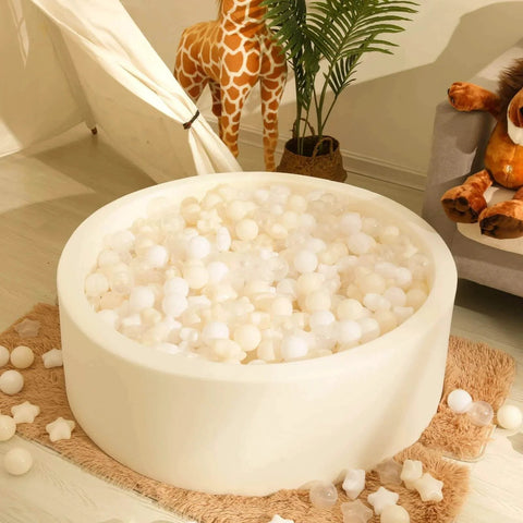 Ball Pit Balls 100 PCS, Star Shapes for Babies Kids Playpen Plastic Balls in beige white clear colors in a beige baby ball pit