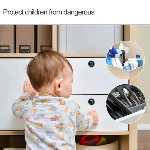 Toddler standing near cabinet with Bluetooth fingerprint drawer lock with three latch sizes fits drawers up to 17mm thick