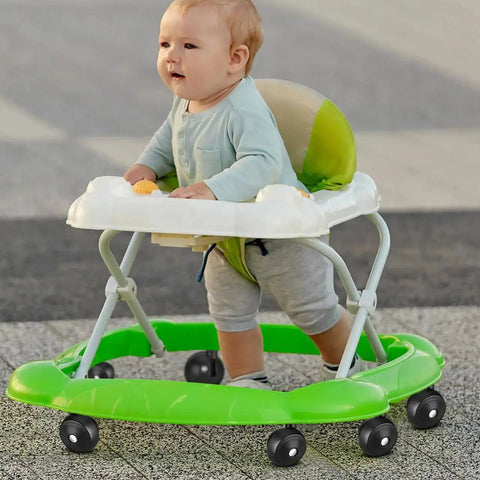 Baby in a green walker outdoors with 4 Pcs Baby Walker Replacement Wheels Set Quiet Wear Resistant Plastic Casters For Baby Walkers And Strollers Easy To Install Universal Compatibility With Most Models Ideal For Indoor And Outdoor Use Noise Free Operation And Durable Construction